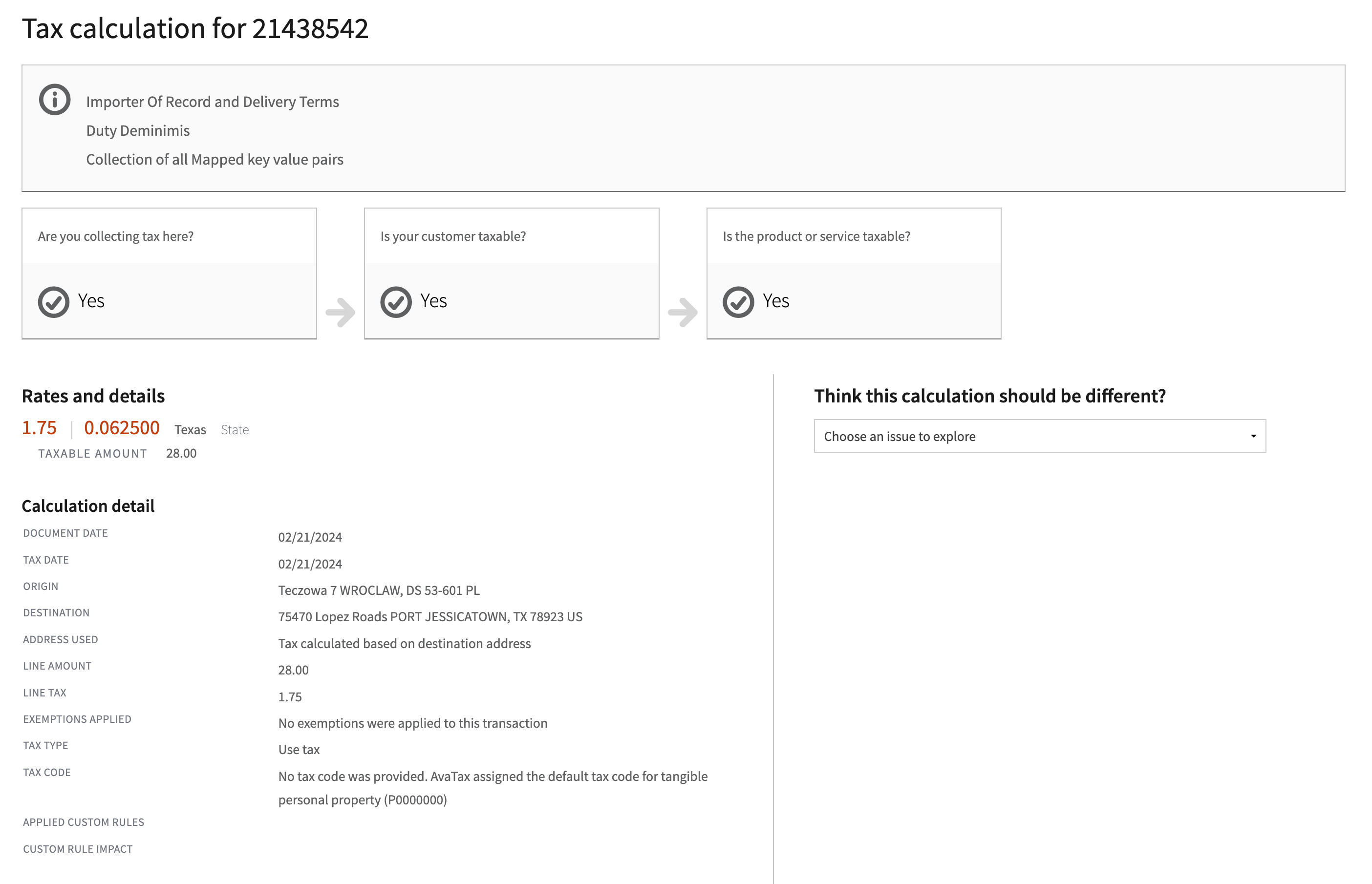 Review the calculation page with information about tax details for the particular line item in order